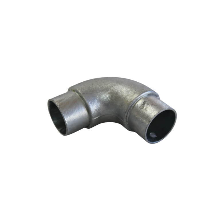 Uni-Fit galvanised steel 90-degree elbow joiner with two open pipe ends for handrail corners