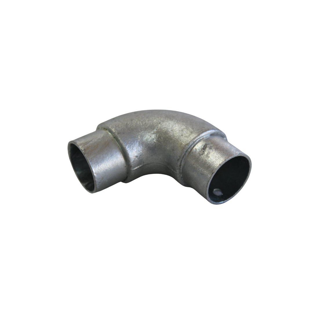 Uni-Fit galvanised steel 90-degree elbow joiner with two open pipe ends for handrail corners