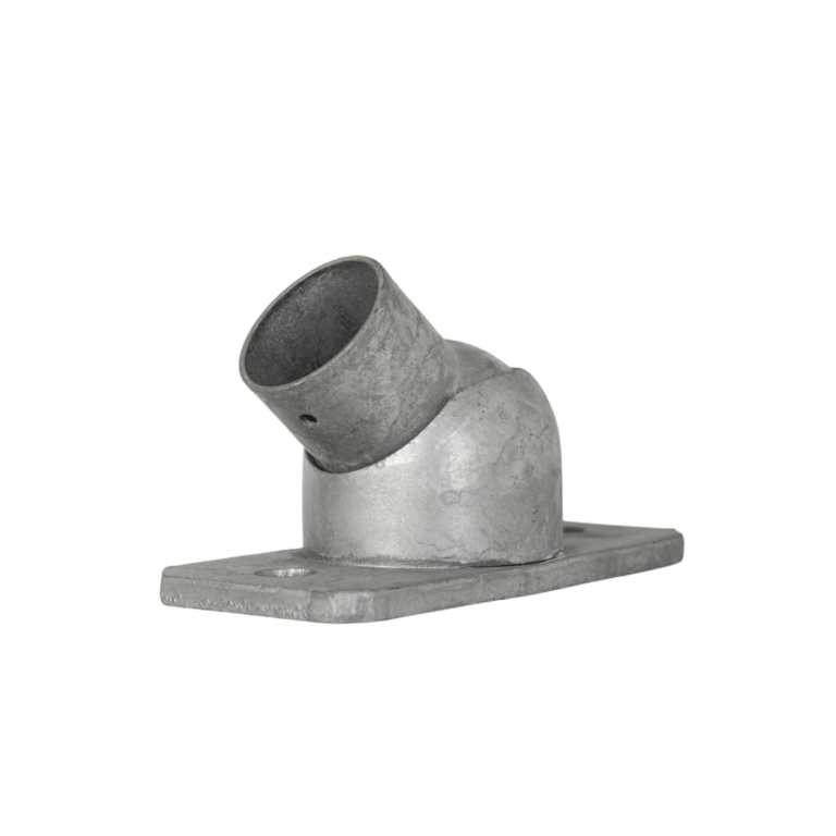 Uni-Fit galvanised steel adjustable base plate with angled pipe socket and rectangular floor mounting plate