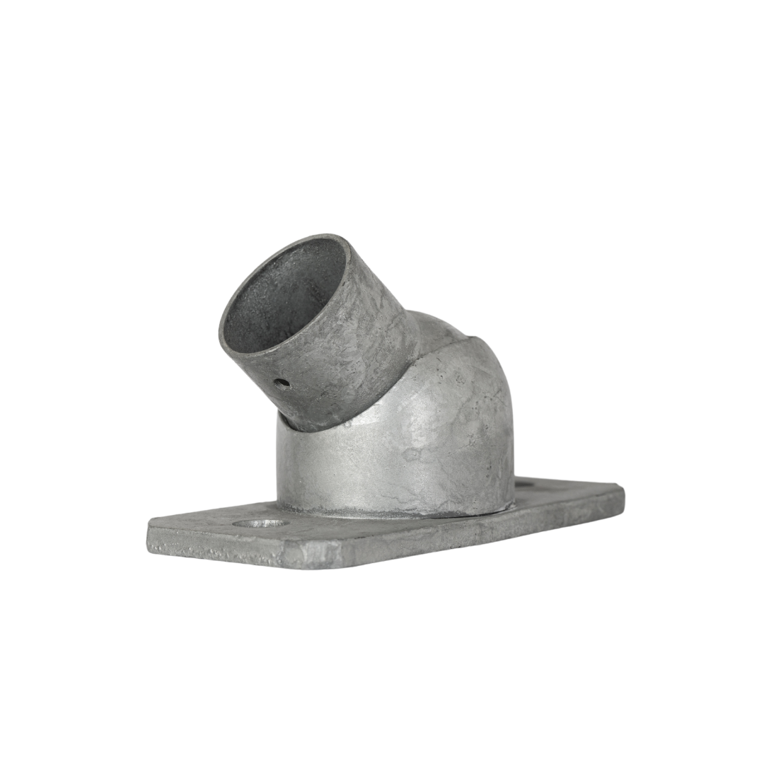 Uni-Fit galvanised steel adjustable base plate with angled pipe socket and rectangular floor mounting plate