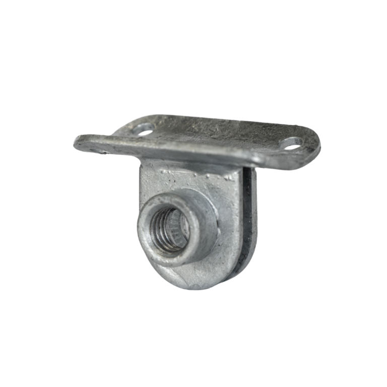 Uni-Fit galvanised steel rail plate with two mounting holes and threaded bolt socket for handrail systems