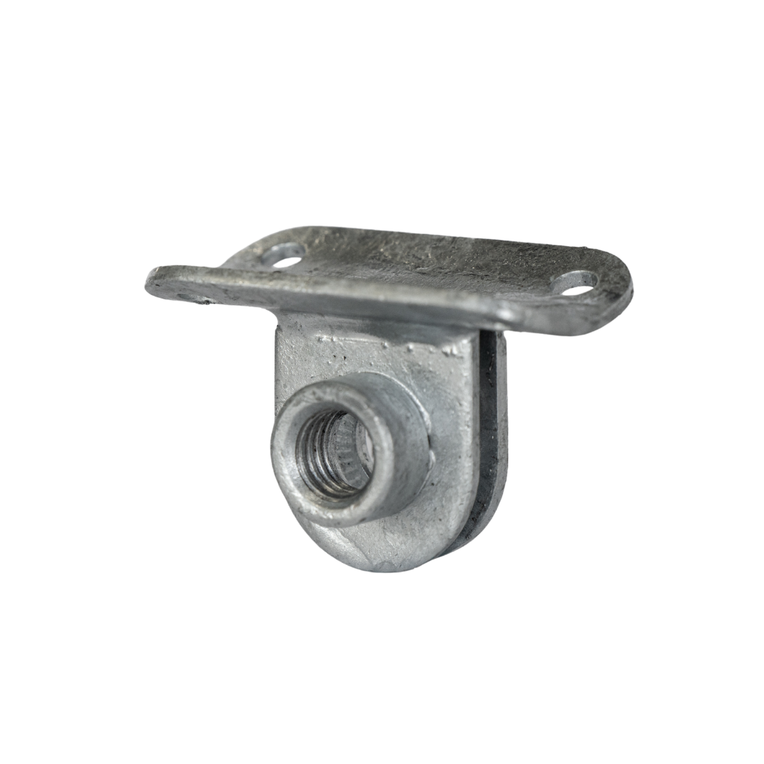 Uni-Fit galvanised steel rail plate with two mounting holes and threaded bolt socket for handrail systems