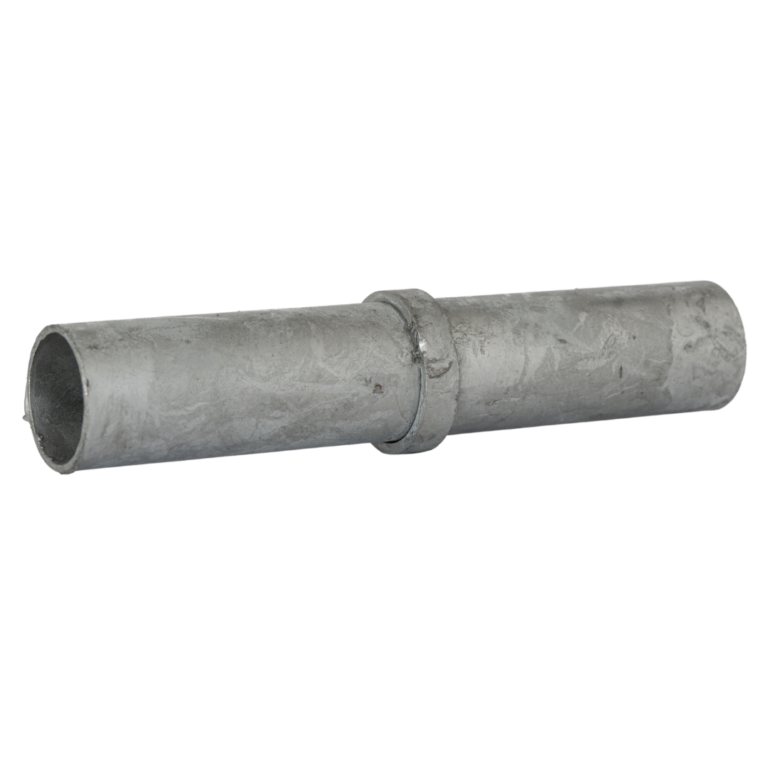 Uni-Fit galvanised steel straight joiner with internal sleeve connecting two handrail pipes at the centre