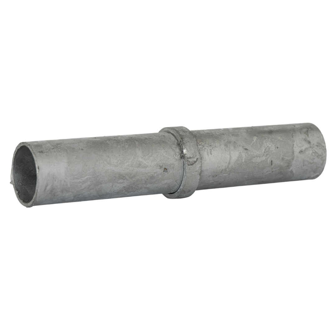 Uni-Fit galvanised steel straight joiner with internal sleeve connecting two handrail pipes at the centre
