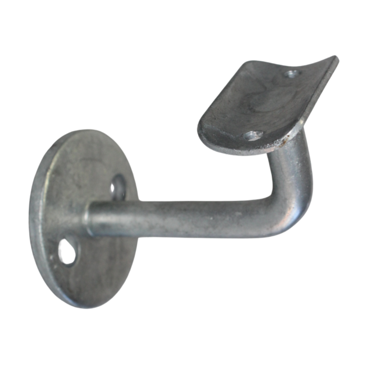 Uni-Fit galvanised steel wall bracket with round mounting flange, arm and flat saddle for handrail pipe