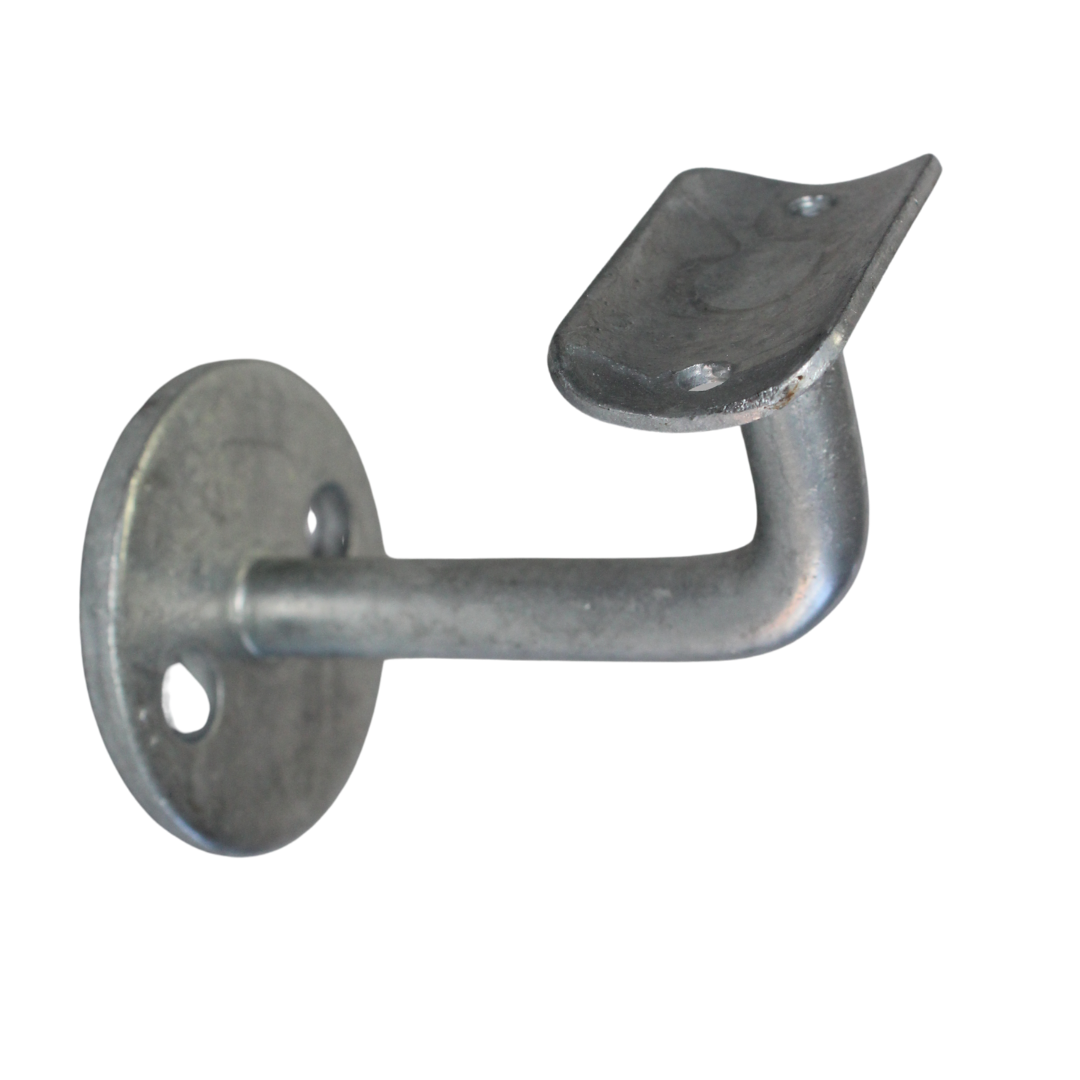 Uni-Fit galvanised steel wall bracket with round mounting flange, arm and flat saddle for handrail pipe