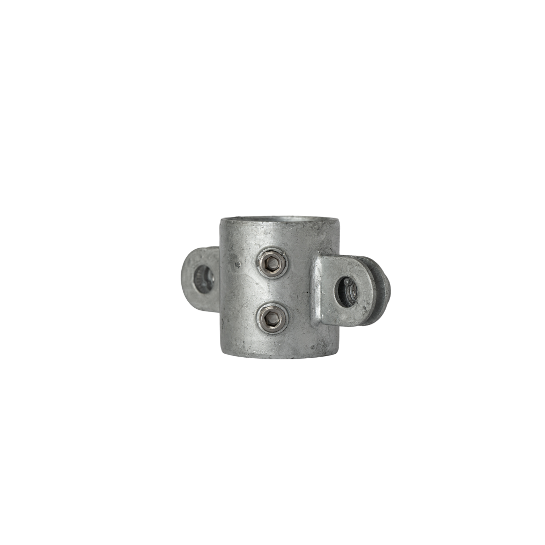Uni-Fit galvanised steel two way fixed ring with bolt lugs and grub screws for handrail posts