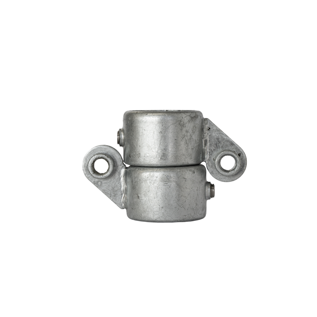 Uni-Fit galvanised steel two way split ring with four bolt holes and pipe collar for handrail posts
