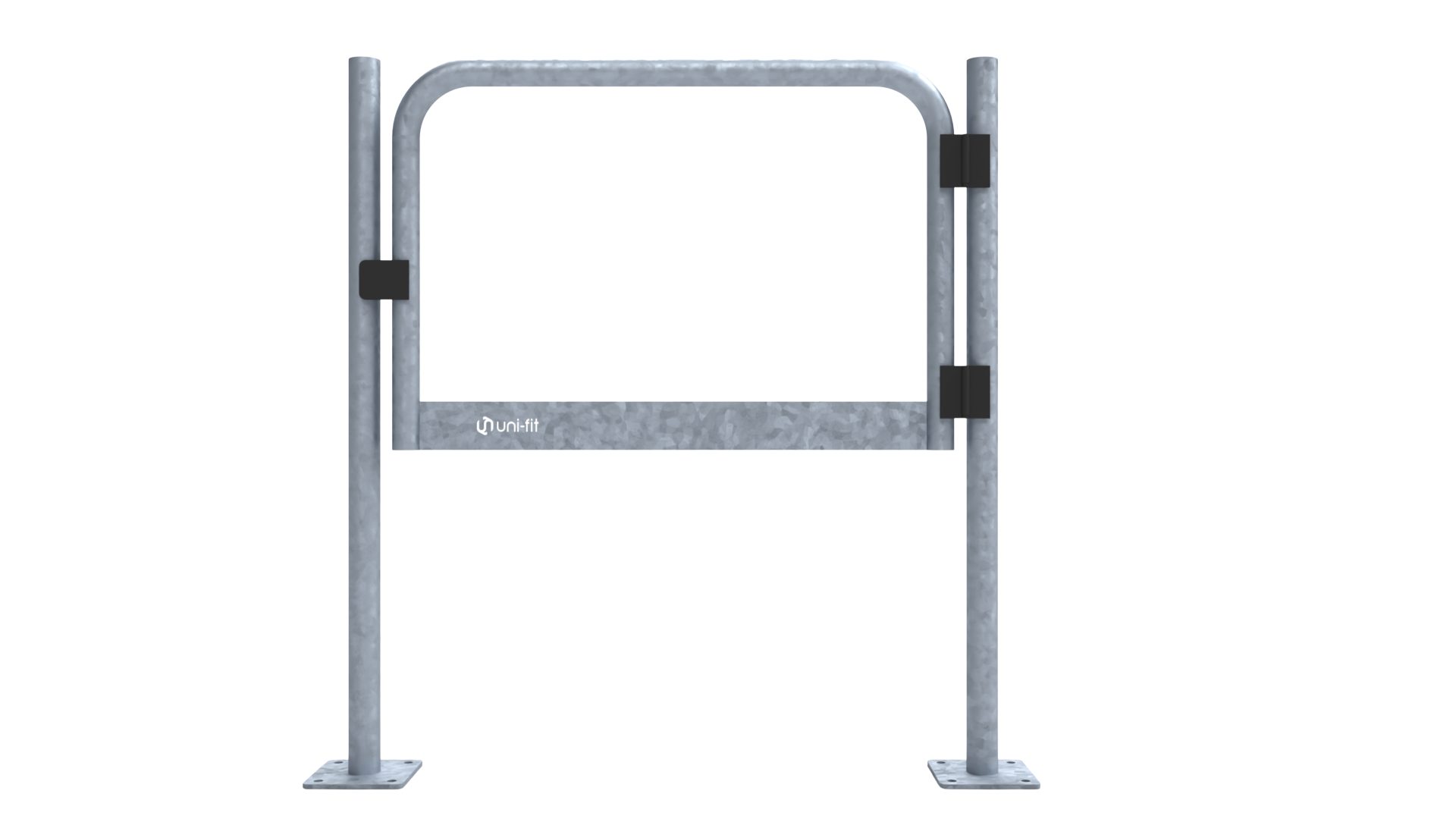 Uni-Fit galvanised steel pedestrian swing gate with rounded top rail, black hinge fittings and floor-mounted base plates