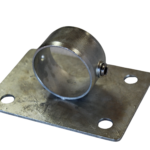 Uni-Fit galvanised steel base plate with four mounting holes and pipe socket for handrail post installation
