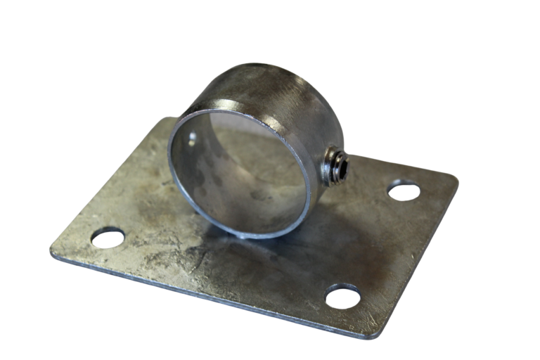 Uni-Fit galvanised steel base plate with four mounting holes and pipe socket for handrail post installation