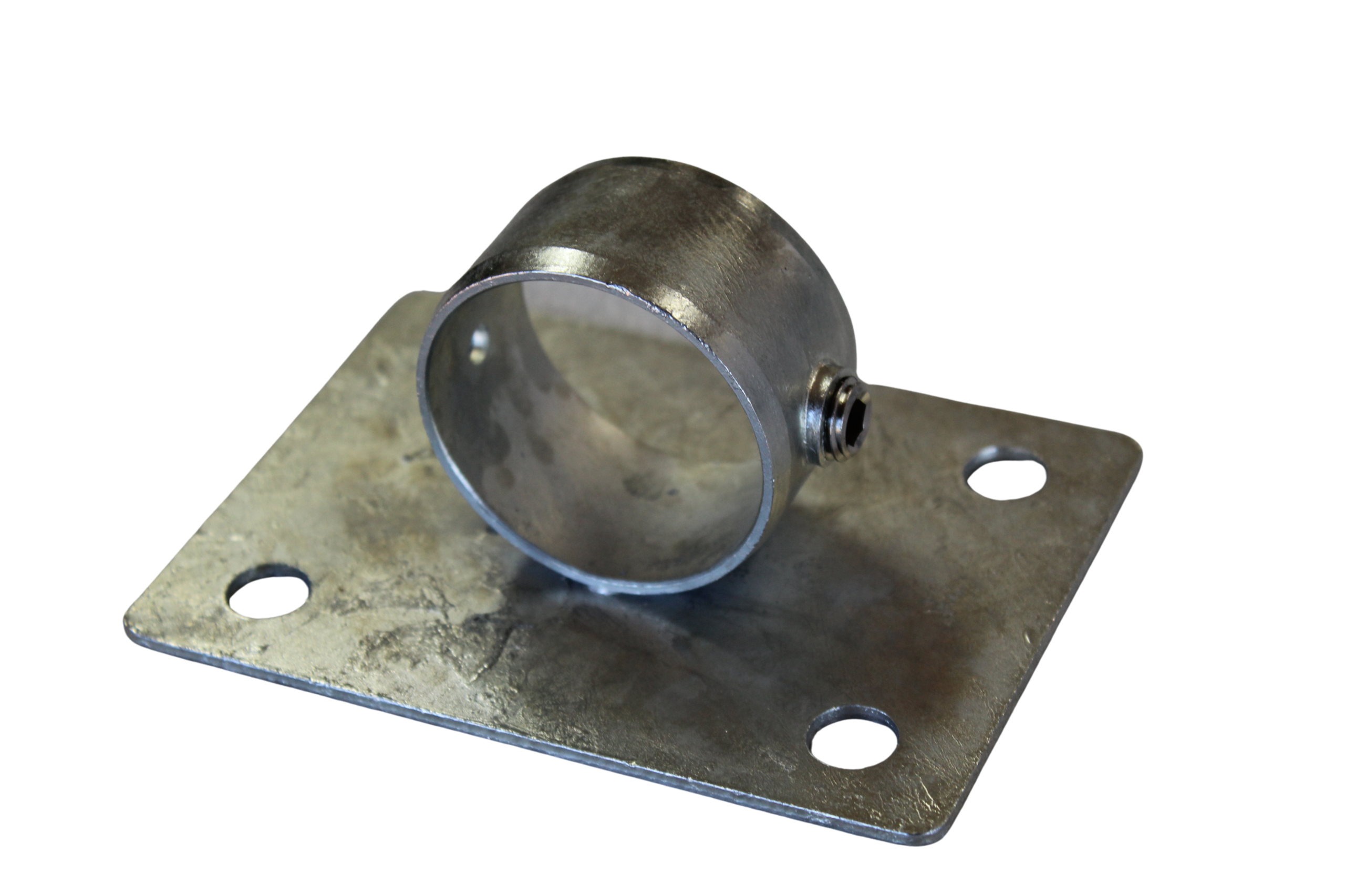 Uni-Fit galvanised steel base plate with four mounting holes and pipe socket for handrail post installation