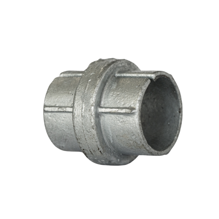Uni-Fit galvanised cast steel straight joiner with open pipe sleeve and central stop flange