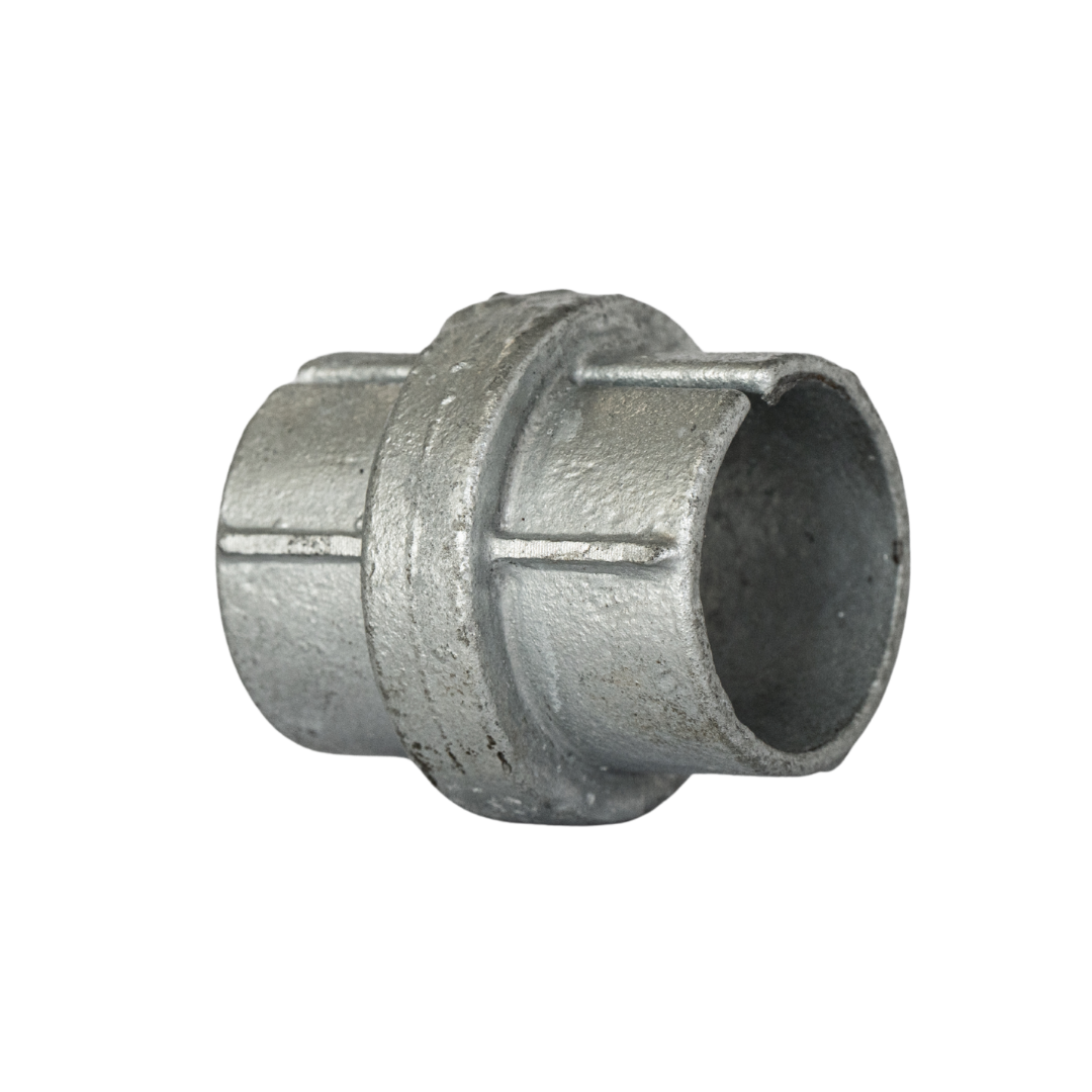 Uni-Fit galvanised cast steel straight joiner with open pipe sleeve and central stop flange