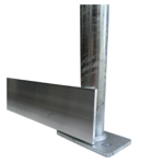 Uni-Fit aluminium kickplate attached to a galvanised steel post with floor-mounted base plate