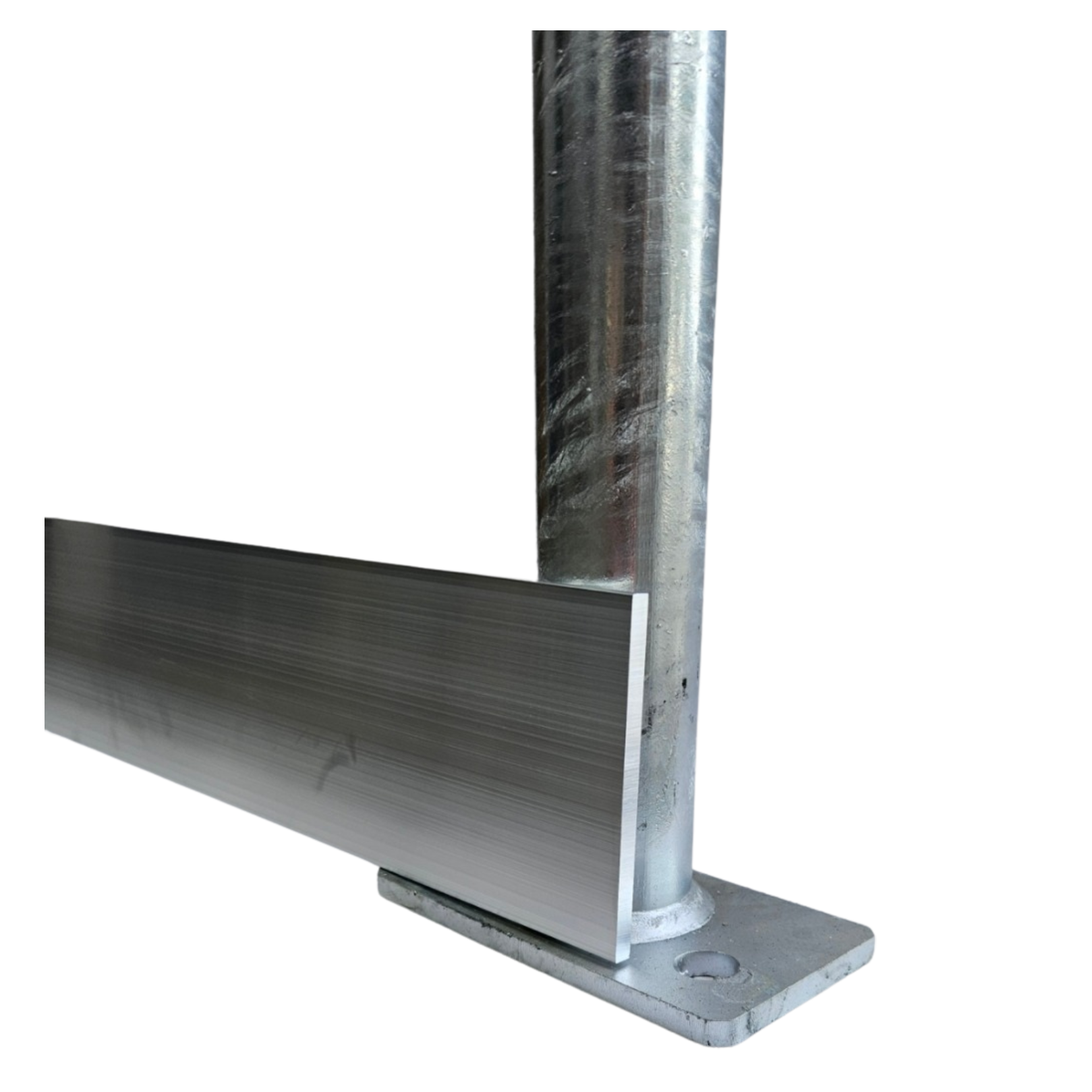 Uni-Fit aluminium kickplate attached to a galvanised steel post with floor-mounted base plate