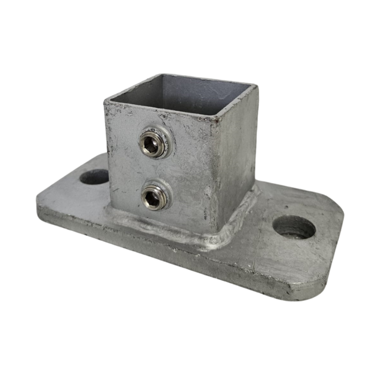Uni-Fit galvanised steel square base plate with open post socket, two grub screws and four mounting holes