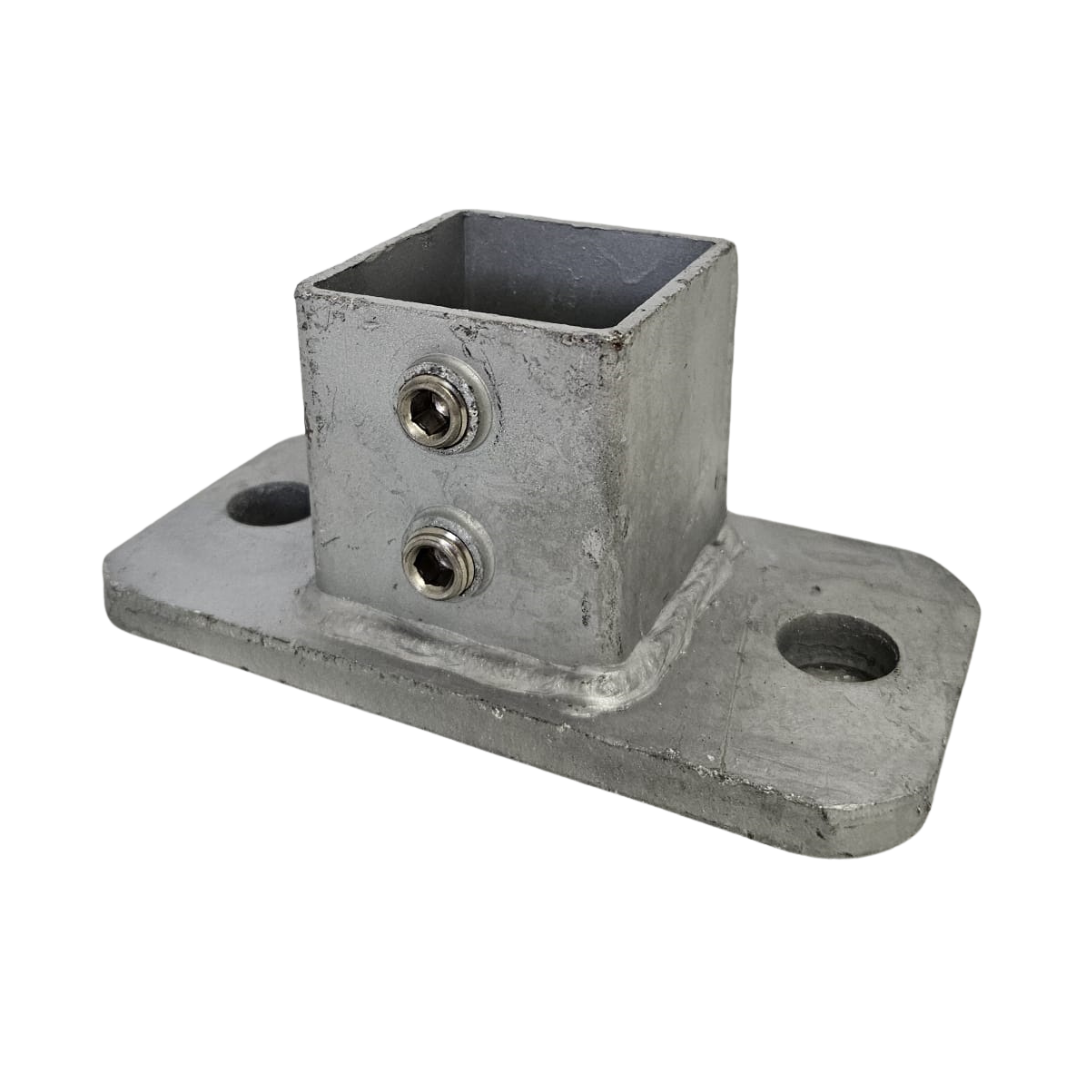Uni-Fit galvanised steel square base plate with open post socket, two grub screws and four mounting holes