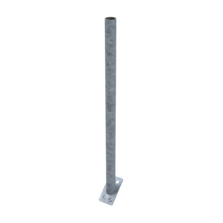Angled-based stanchion welded to a square base plate, shown on a plain white background for Uni-Fit.