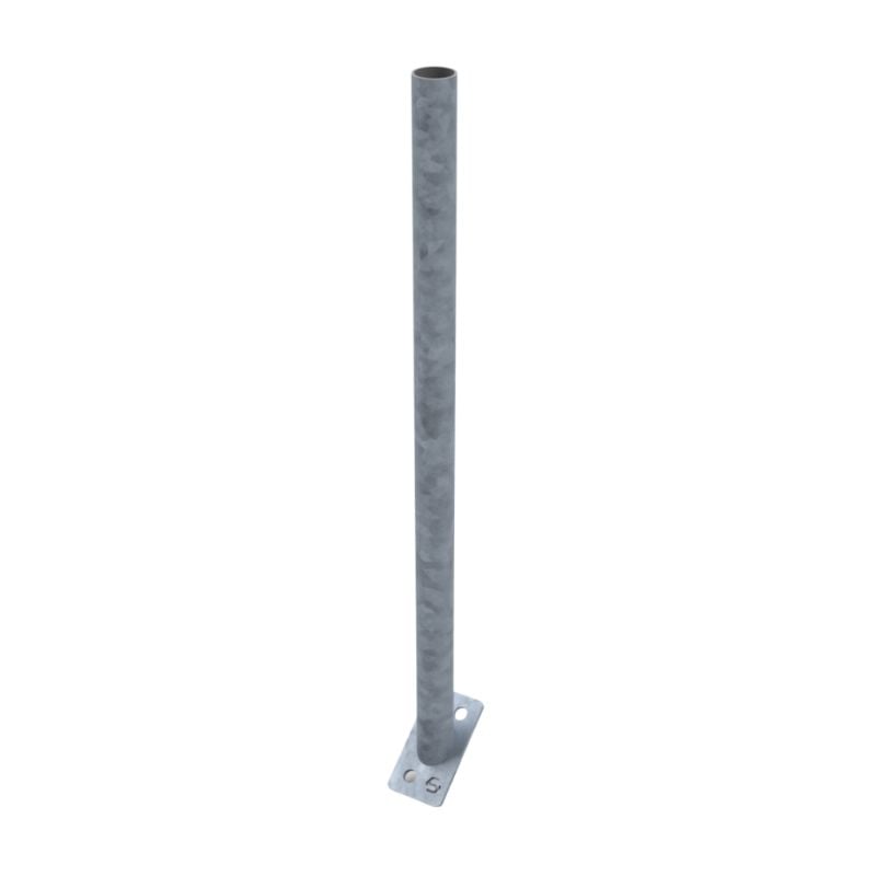 Angled-based stanchion welded to a square base plate, shown on a plain white background for Uni-Fit.