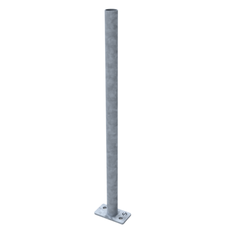 Uni-Fit galvanised steel flat base stanchion post with two bolt holes for handrail system installation