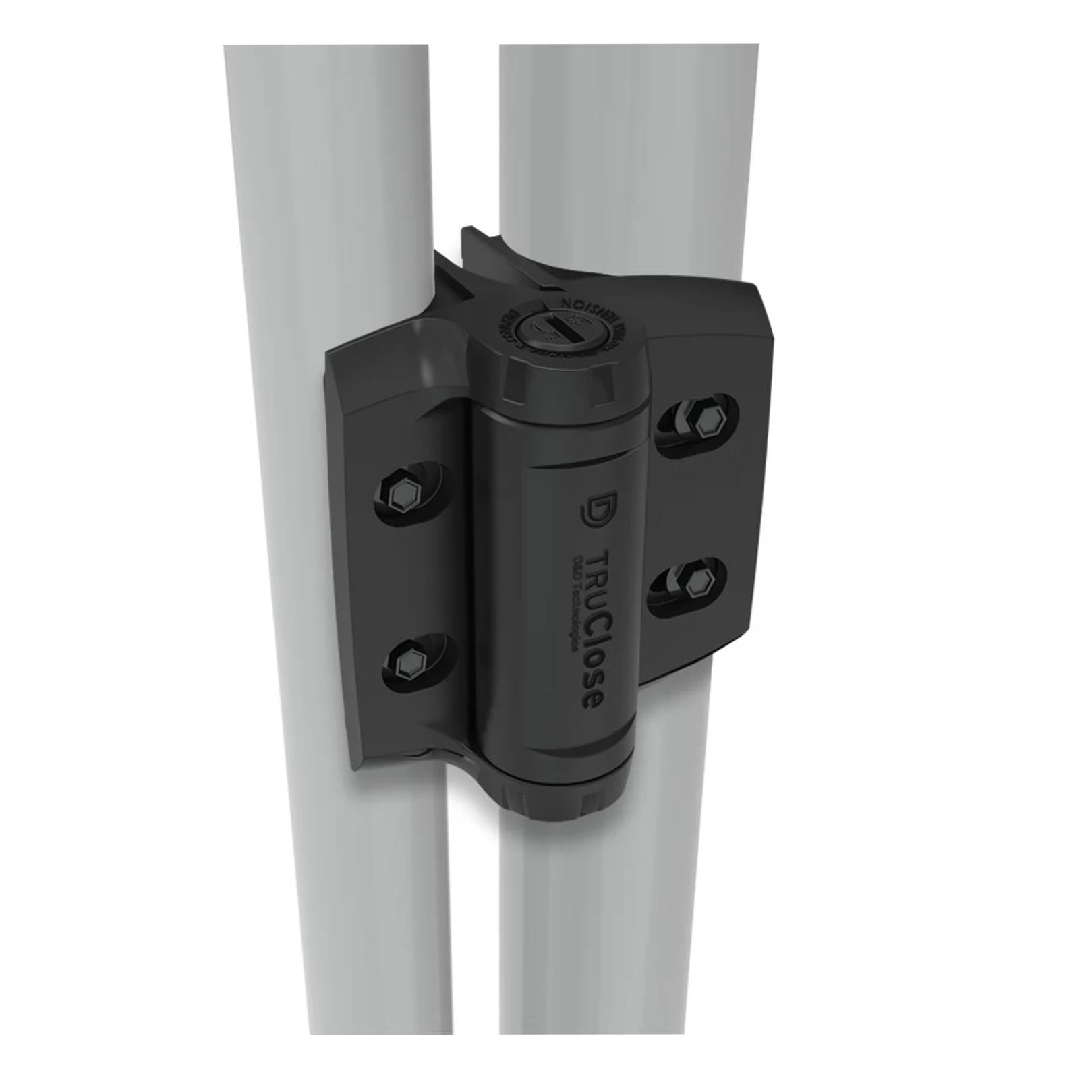 TruClose black self-closing hinge kit mounted between two gate posts for a Uni-Fit pedestrian swing gate