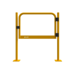 Uni-Fit yellow pedestrian swing gate with vertical posts, black clamp fittings and floor-mounted base plates
