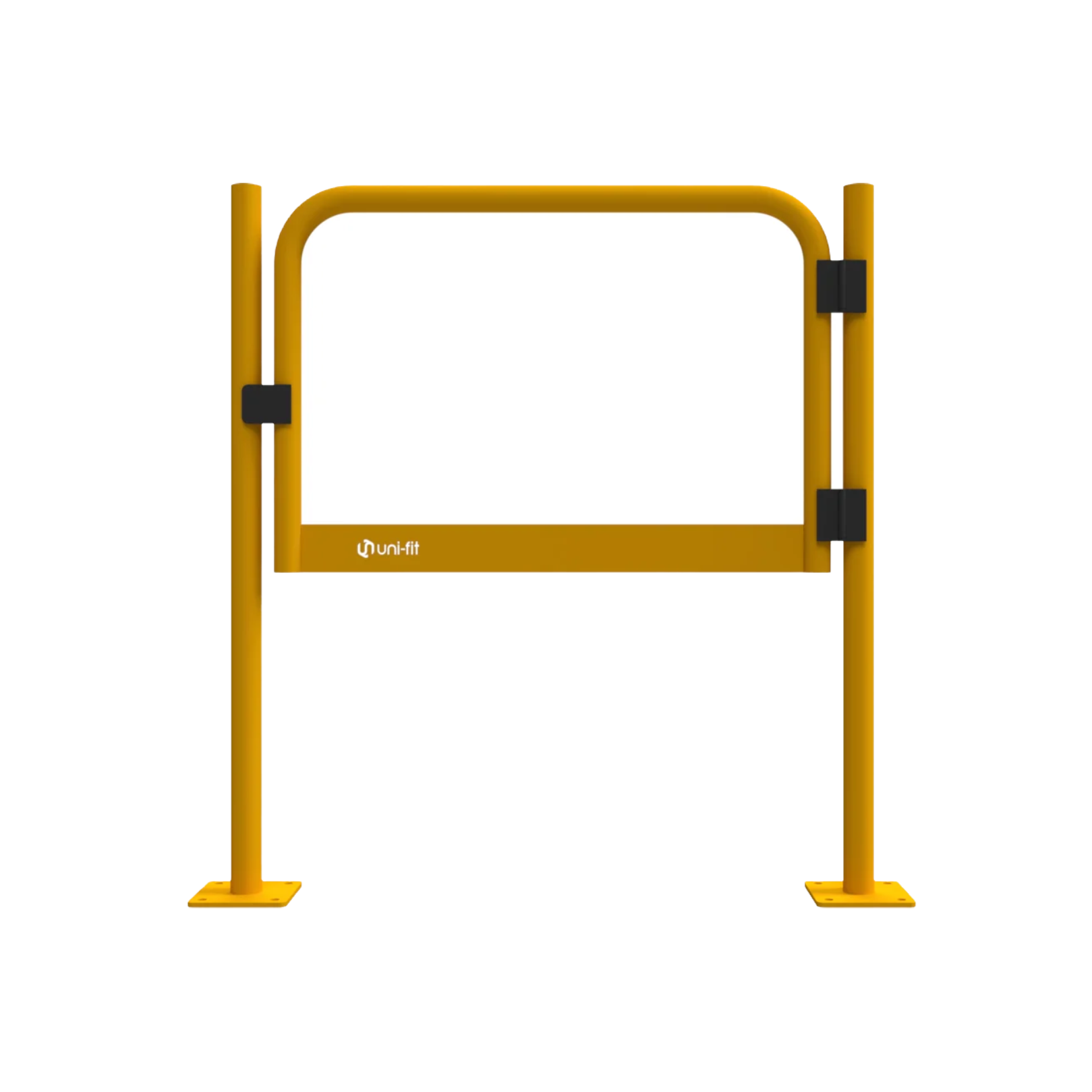 Uni-Fit yellow pedestrian swing gate with vertical posts, black clamp fittings and floor-mounted base plates