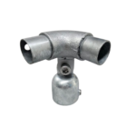 Uni-Fit galvanised steel 90-degree elbow joiner with two open pipe ends and a cup connection below