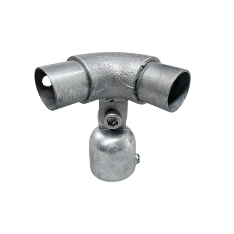 Uni-Fit galvanised steel 90-degree elbow joiner with two open pipe ends and a cup connection below