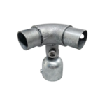 Uni-Fit galvanised steel 90-degree elbow joiner with two open pipe ends and a cup connection below