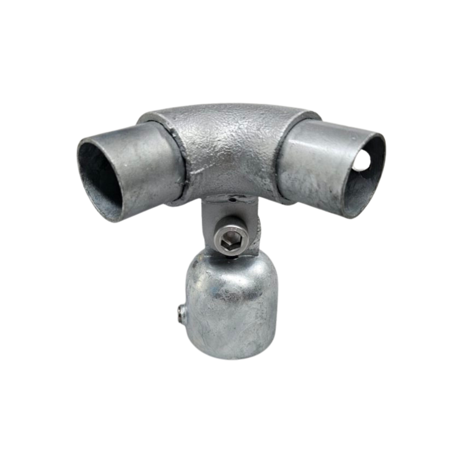 Uni-Fit galvanised steel 90-degree elbow joiner with two open pipe ends and a cup connection below