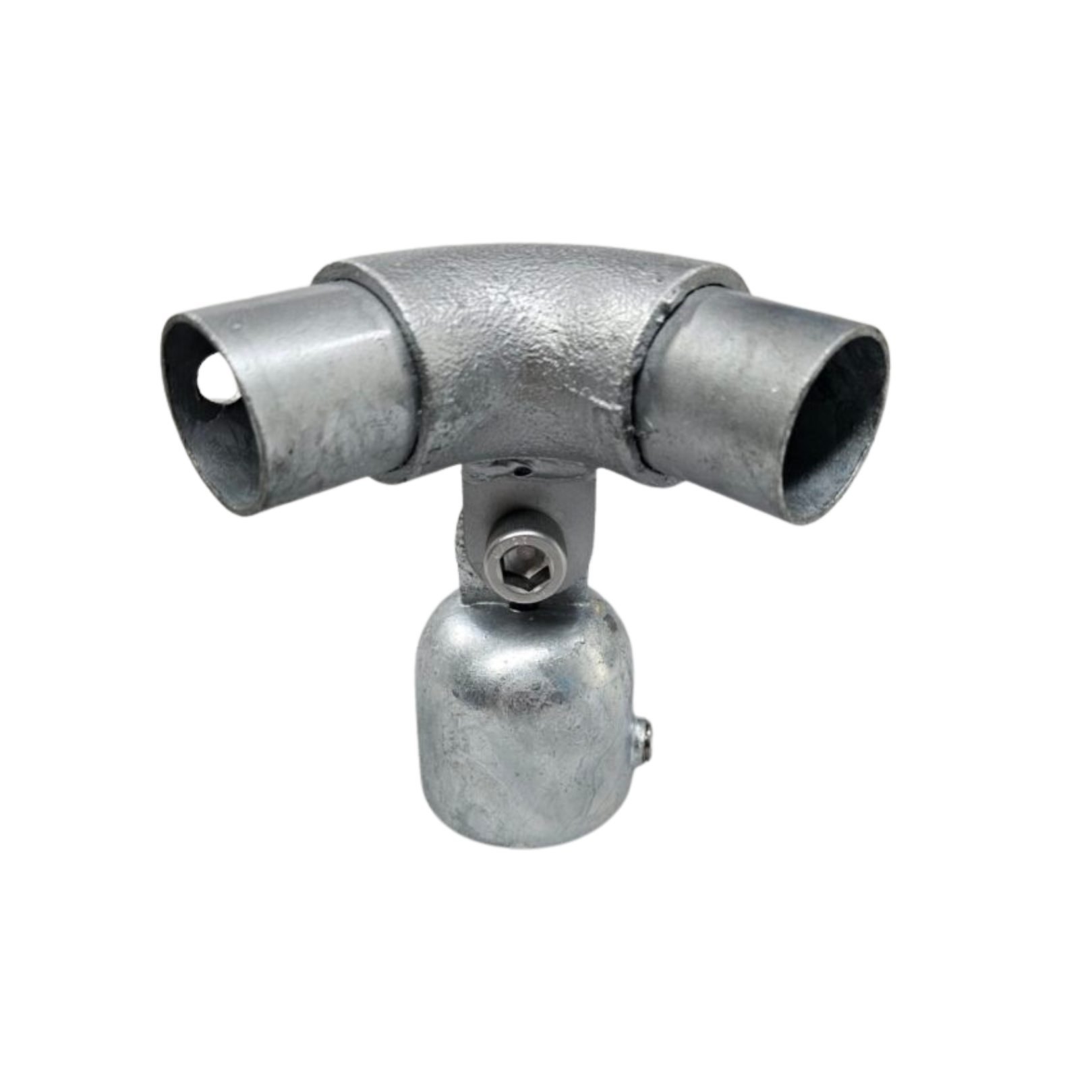 Uni-Fit galvanised steel 90-degree elbow joiner with two open pipe ends and a cup connection below