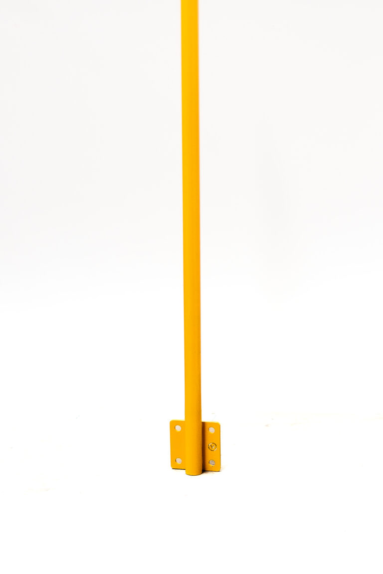 Uni-Fit yellow powder-coated flat sidemount stanchion post with two-sided base plate and four mounting holes