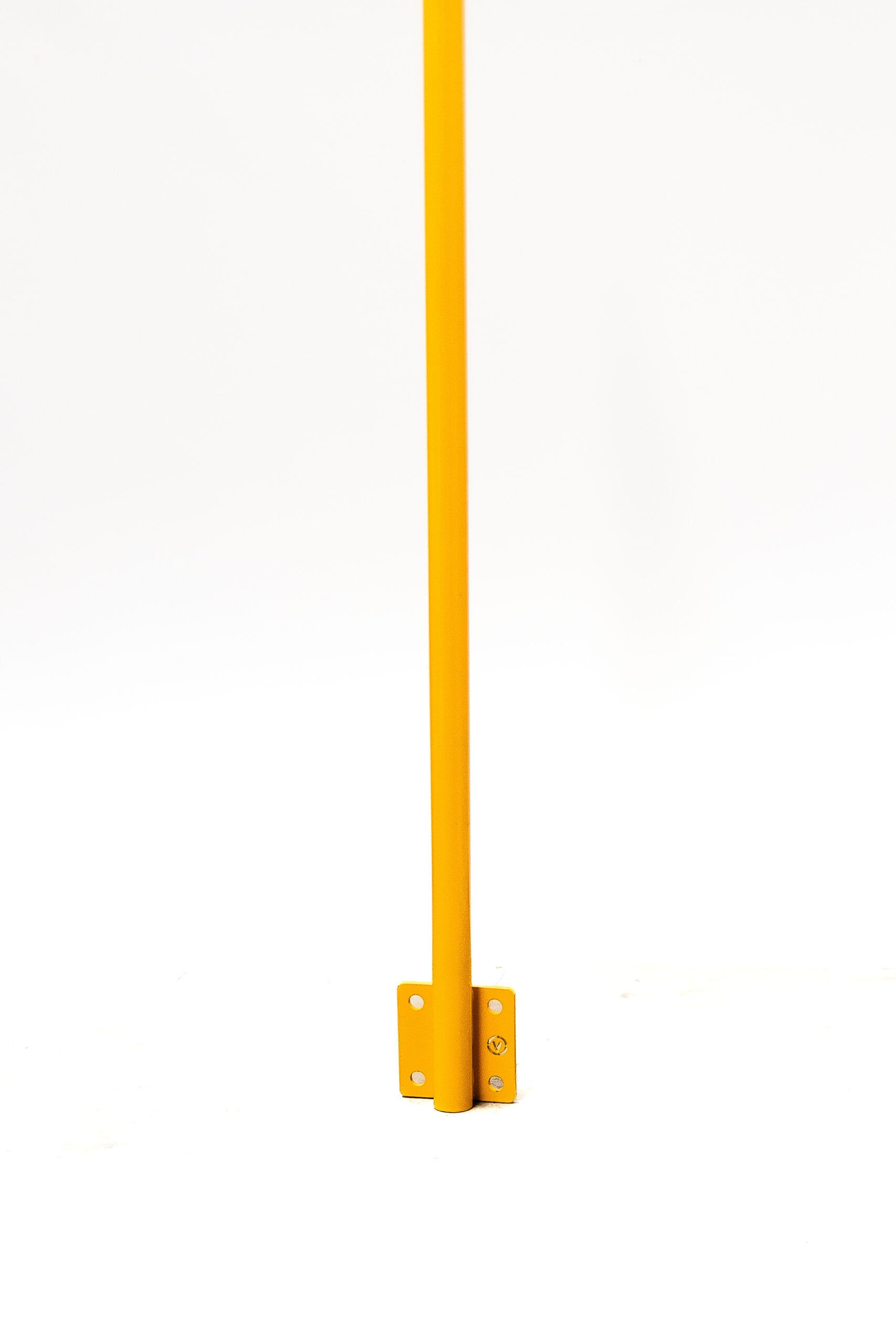 Uni-Fit yellow powder-coated flat sidemount stanchion post with two-sided base plate and four mounting holes