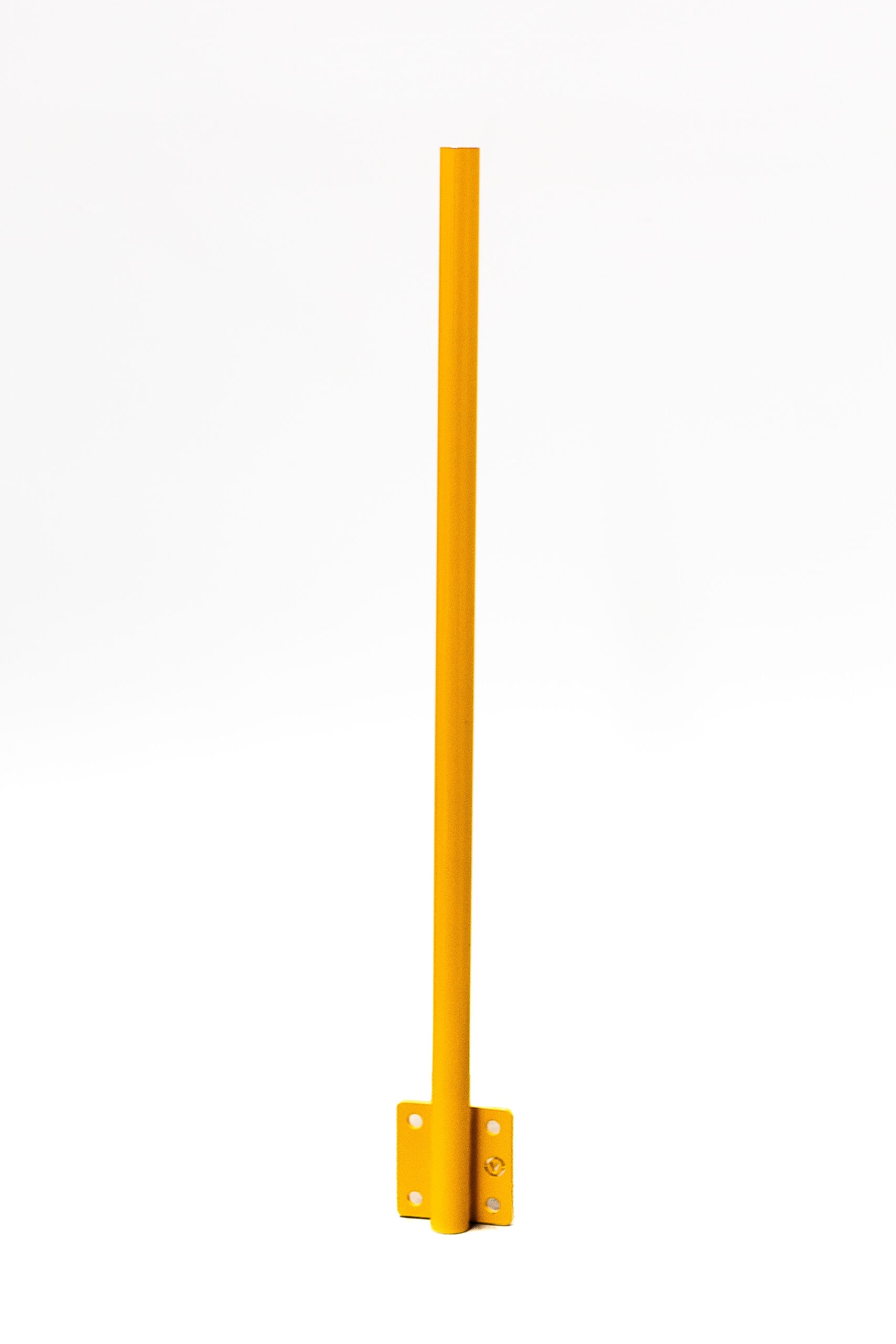 Uni-Fit yellow powder-coated flat sidemount stanchion post with two-sided base plate and four mounting holes