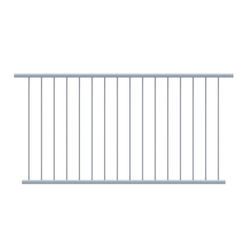 Uni-Fit galvanised steel vertical bar pedestrian barrier with two horizontal rails and evenly spaced infill bars