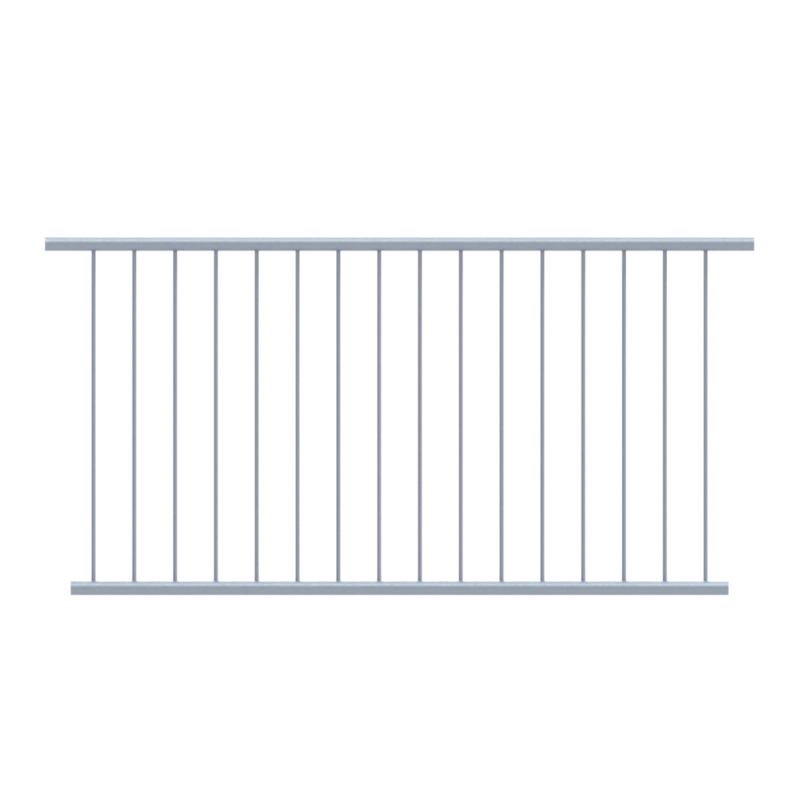 Uni-Fit galvanised steel vertical bar pedestrian barrier with two horizontal rails and evenly spaced infill bars
