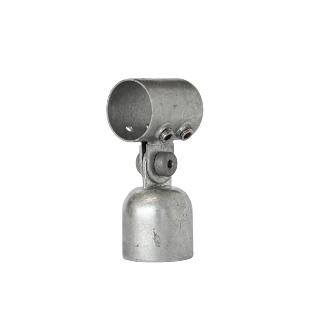 Uni-Fit galvanised steel cup fitting with open pipe socket, grub screws and bolt connection point