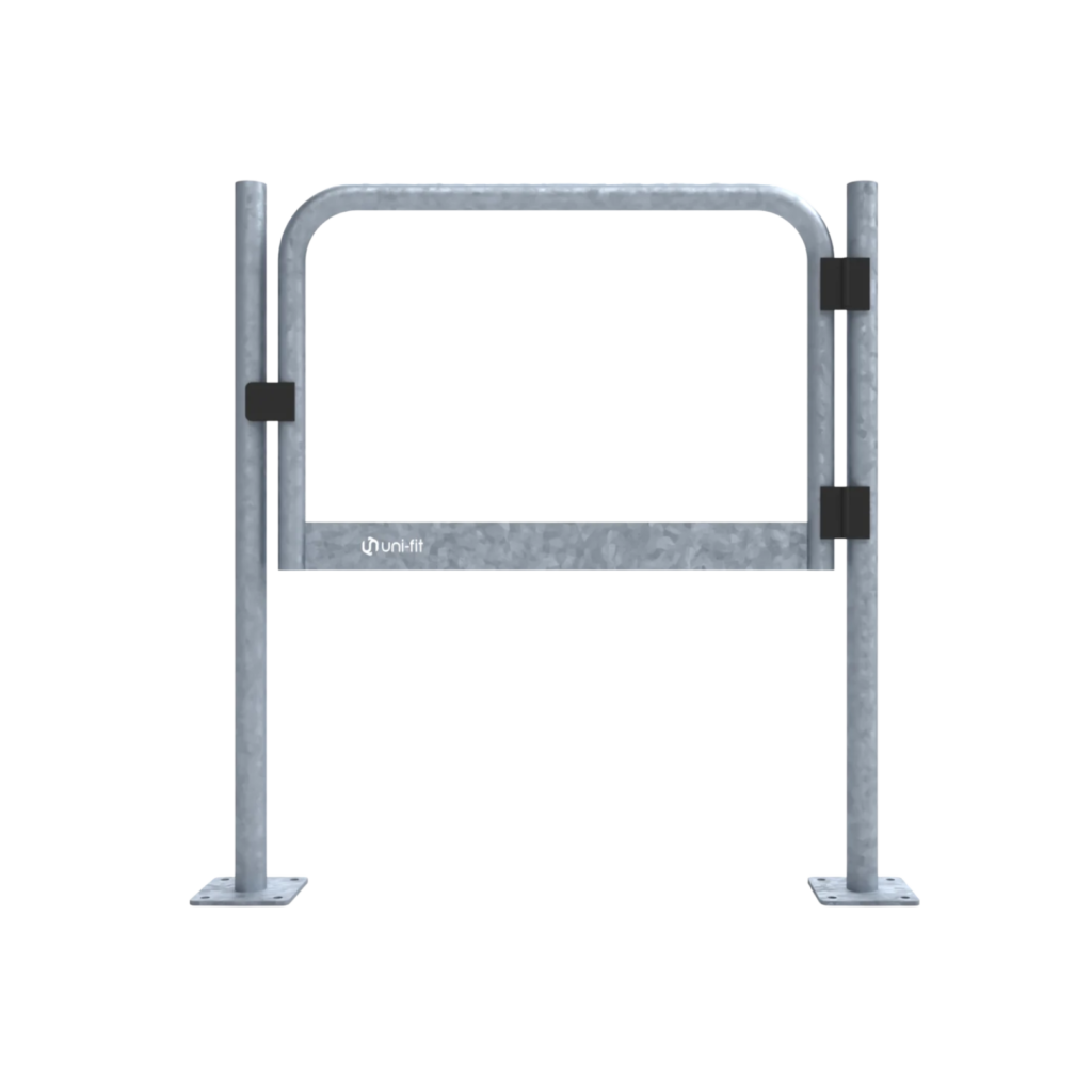 Uni-Fit galvanised steel pedestrian swing gate with rounded top rail, black hinge fittings and floor-mounted base plates