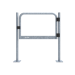 Uni-Fit galvanised steel pedestrian swing gate with rounded top rail, black hinge fittings and floor-mounted base plates