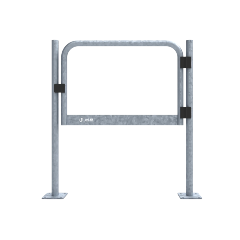 Uni-Fit galvanised steel pedestrian swing gate with rounded top rail, black hinge fittings and floor-mounted base plates