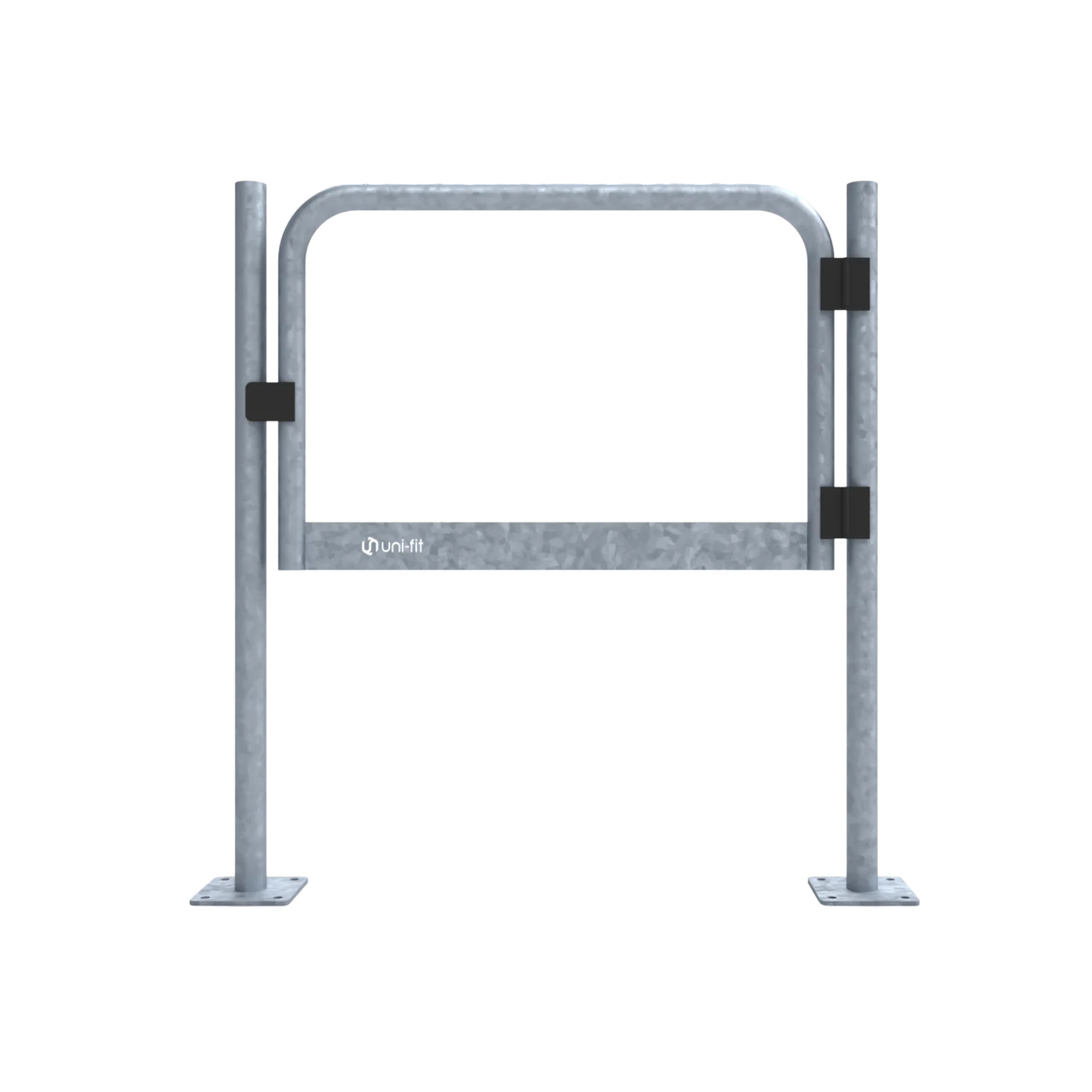 Uni-Fit galvanised steel pedestrian swing gate with rounded top rail, black hinge fittings and floor-mounted base plates