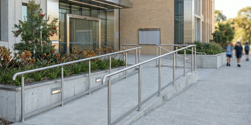 Accessible ramp and handrails at modern building entrance